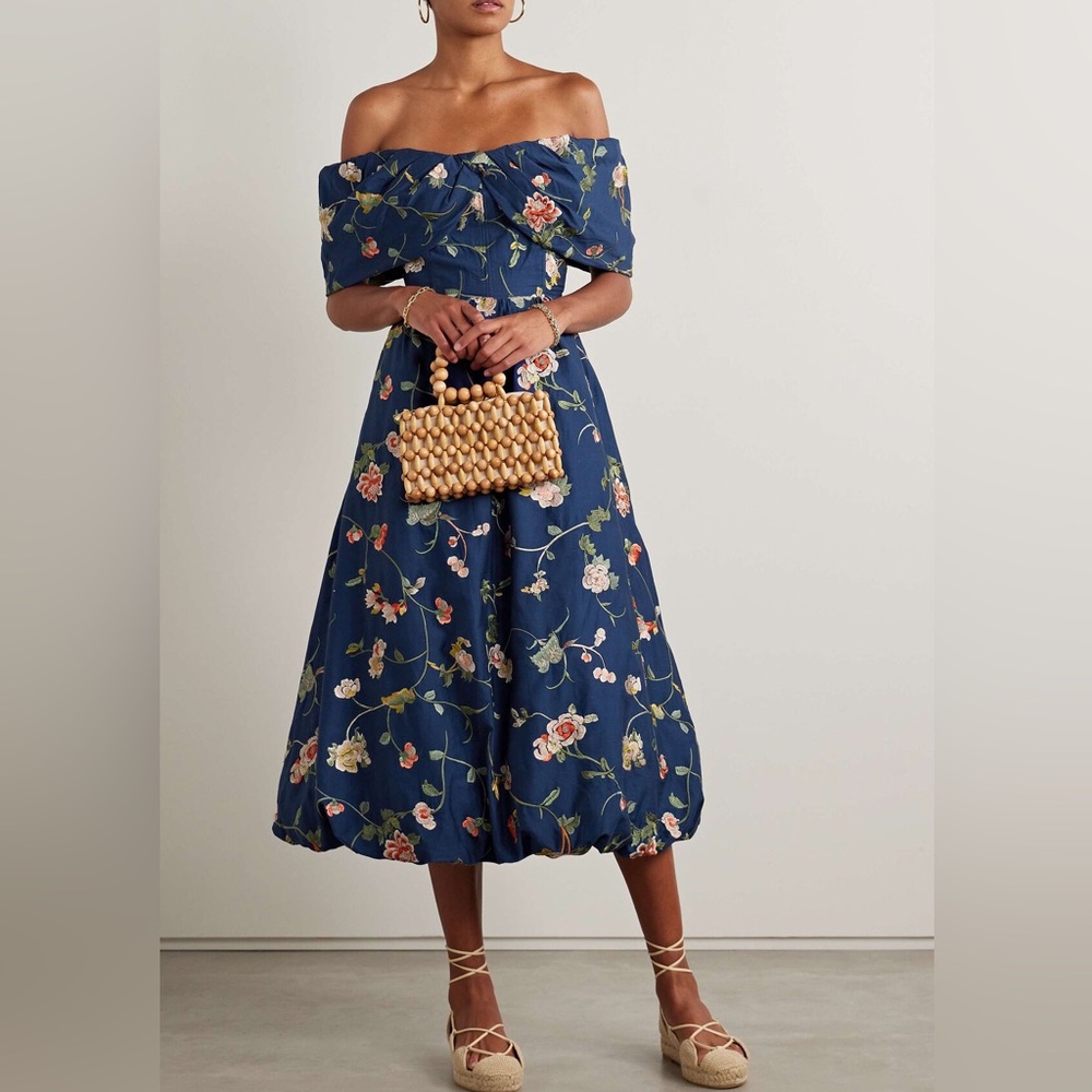 NEW NWT Sea New York Julian Floral Embroidered Off The Shoulder Midi Dress Navy